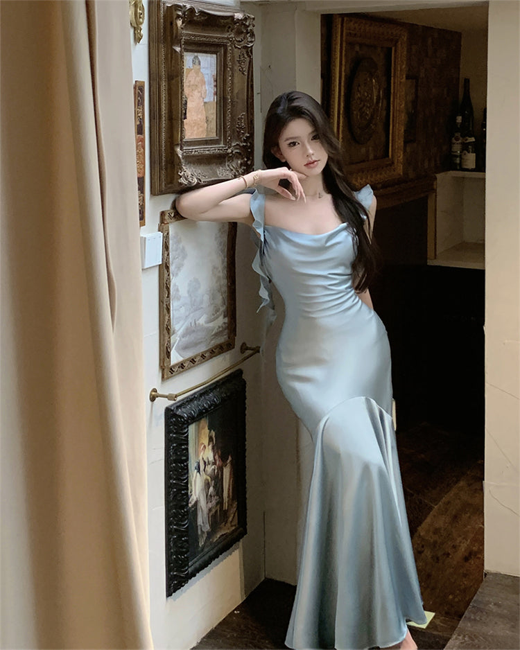 French satin sling collar fishtail suspender dress slim fit temperament dress long skirt R1805