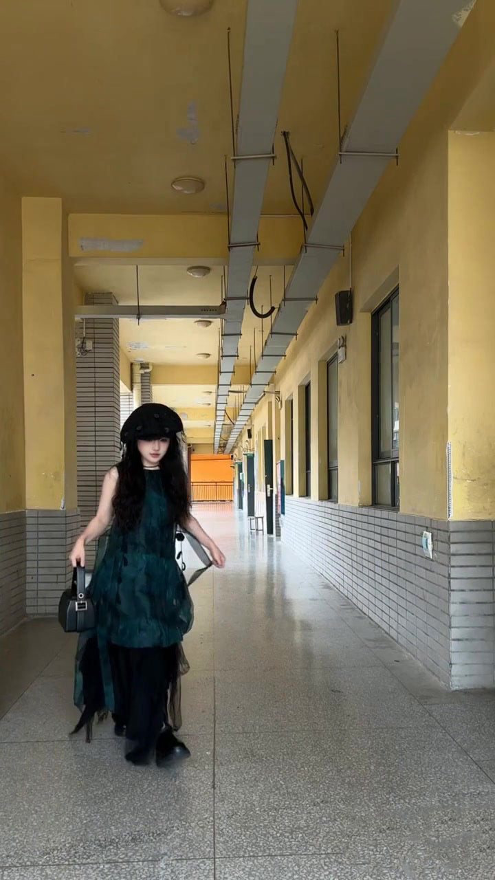 Forest style outfit retro green mesh sleeveless vest dress beautiful skirt R0738