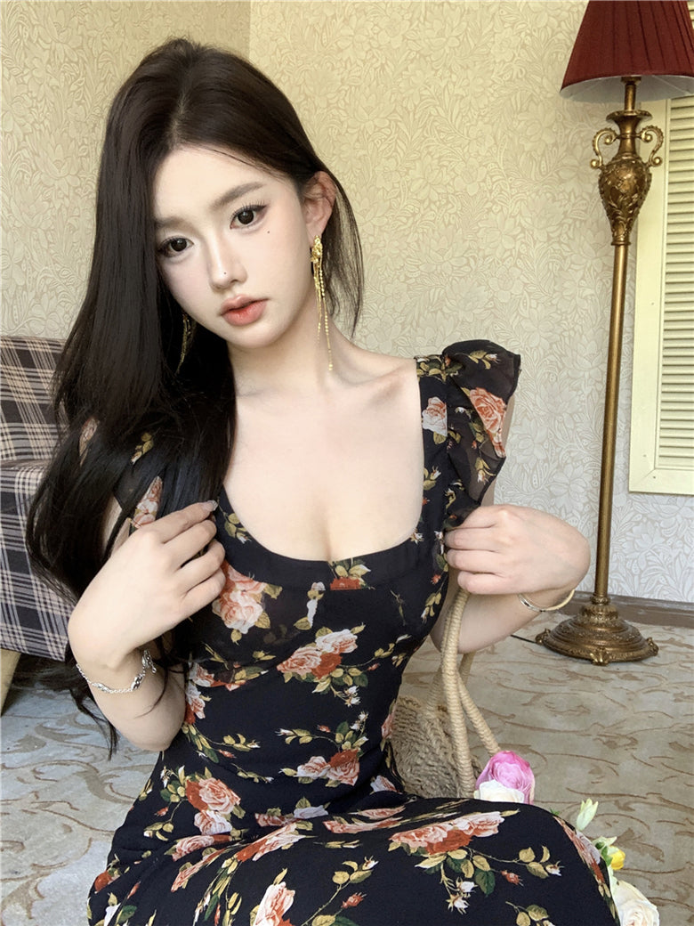 Temperament high-end retro floral dress super beautiful long skirt R0646