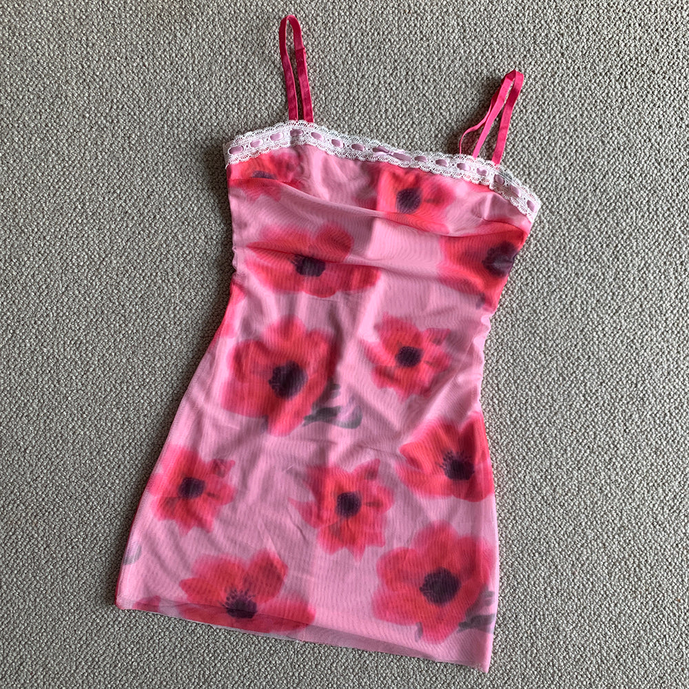 New style niche mesh flower print lace splicing suspender dress short skirt sexy pink R3088