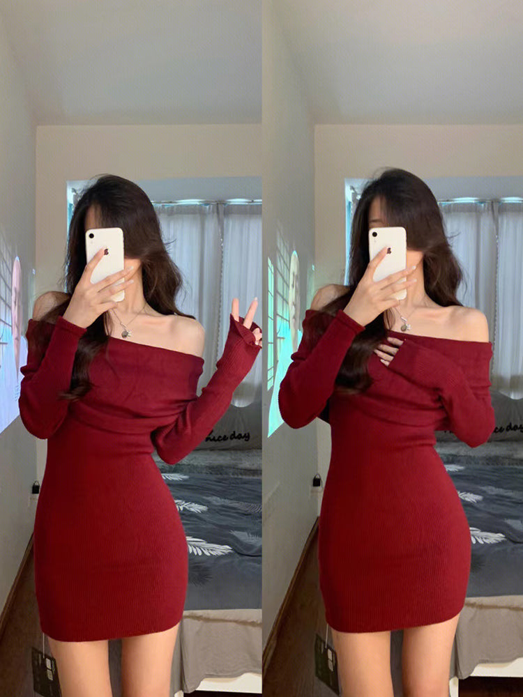 Christmas retro sexy red dress 2025 new slim knitted one-shoulder tube top bottoming skirt R0149