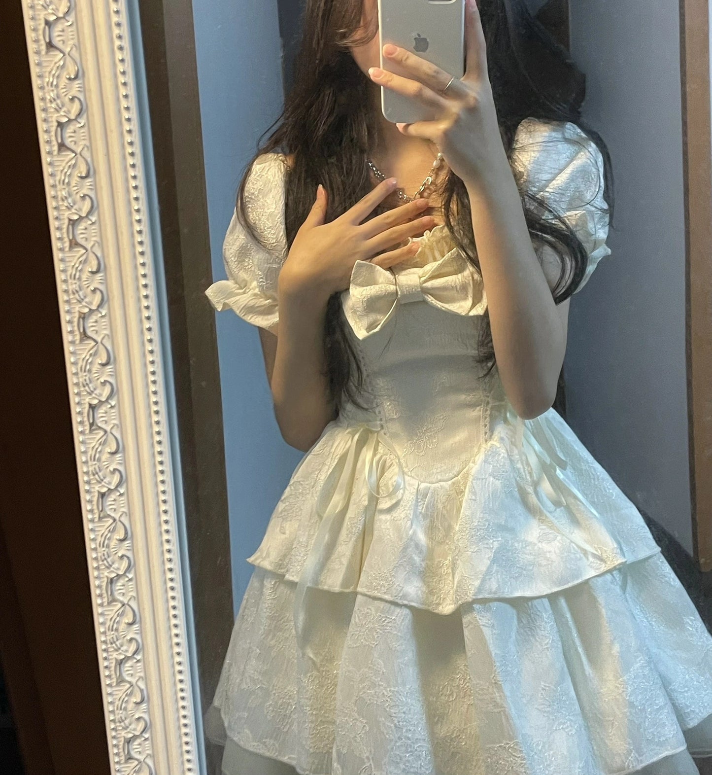 French style gentle temperament white bow forest princess dress sweet fluffy short skirt R0164