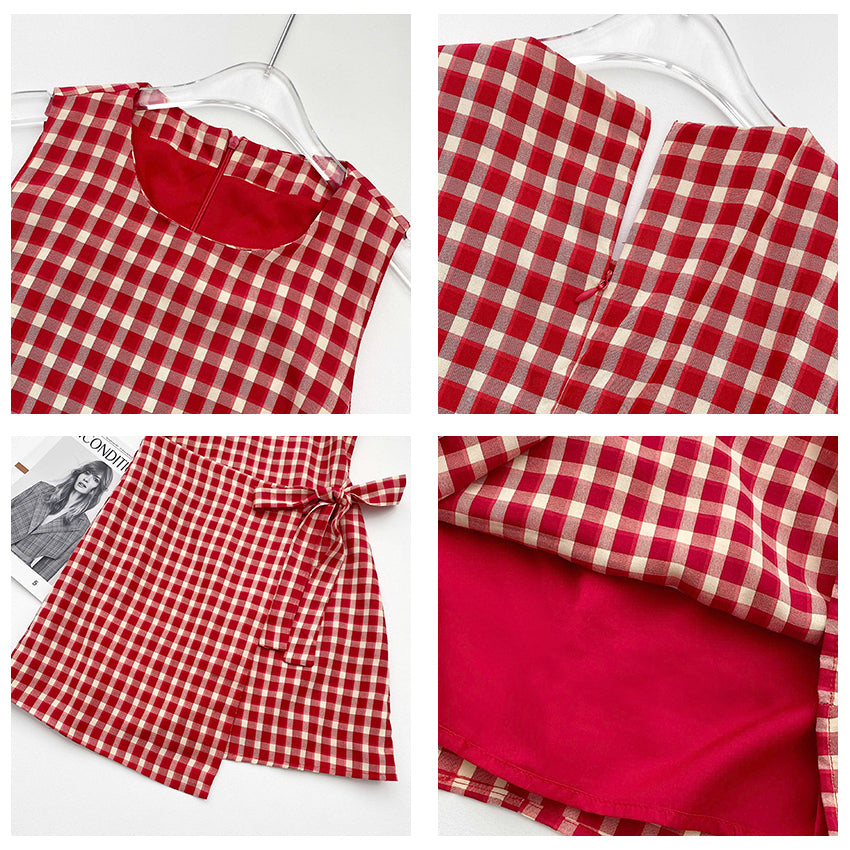 Retro red plaid sleeveless dress for women summer beautiful seaside waist slimming vest dress R0136
