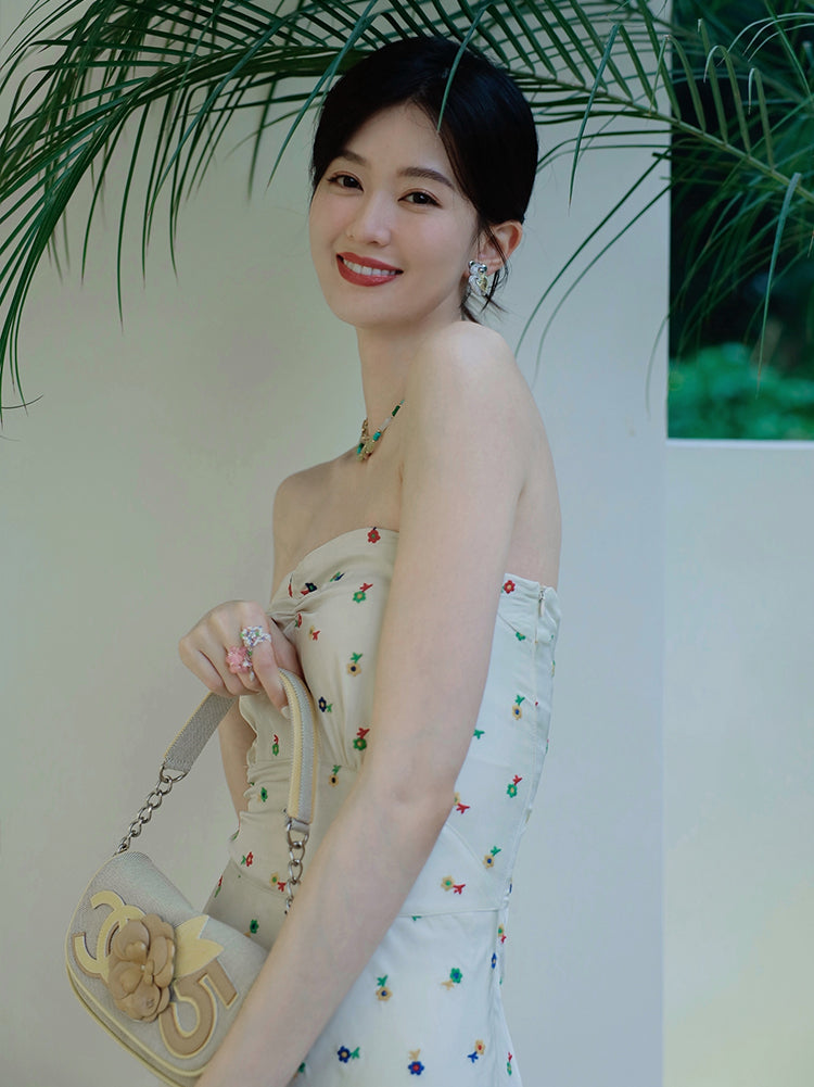 2025 new seaside holiday long dress French retro embroidery print tube top high waist dress backless R0138