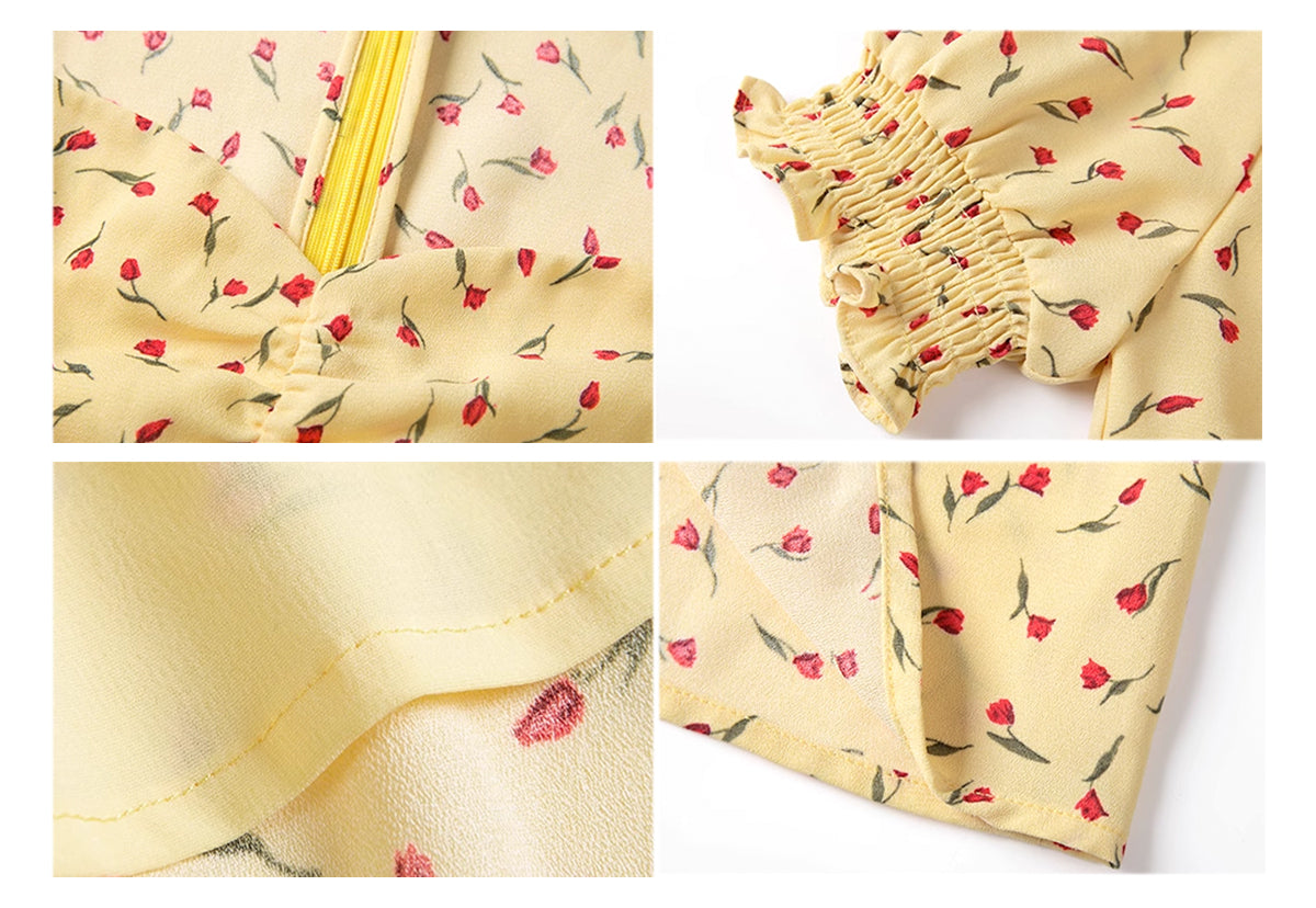 Tea break French dress new yellow square neck puff sleeves slit long skirt waist slimming skirt R0055