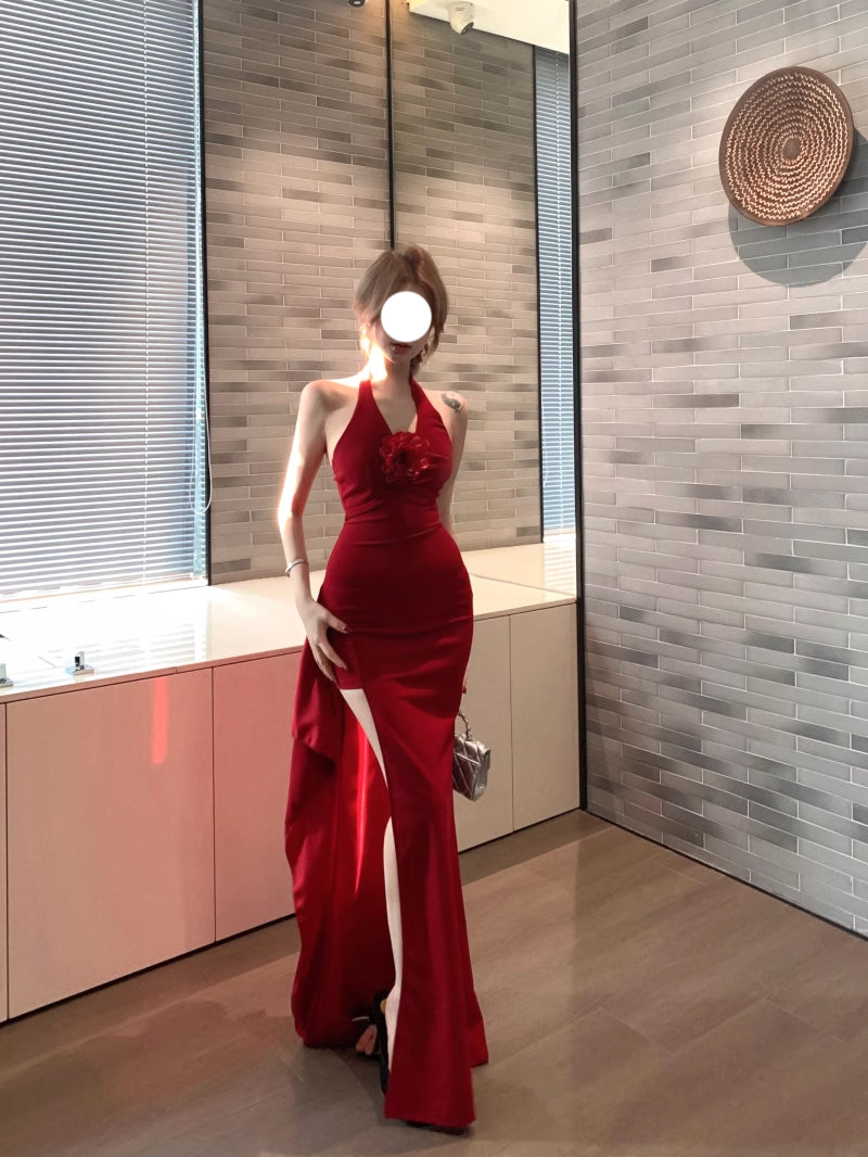 Retro red halter neck dress 2025 new hot girl sexy slit high waist hip long skirt R0036