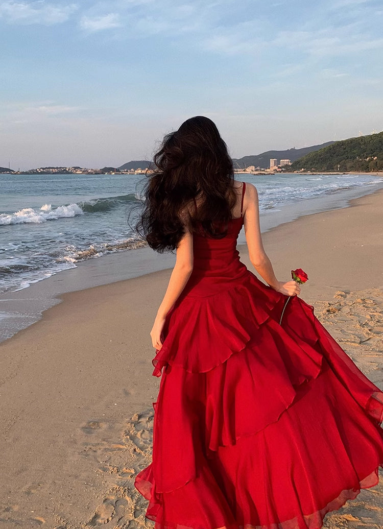 Retro red irregular ruffle sling dress 2025 new holiday temperament long dress R0042