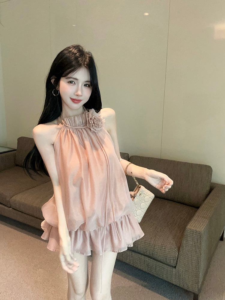 Gentle style, chic and beautiful flower halter neck short skirt, temperament petite dress R0796