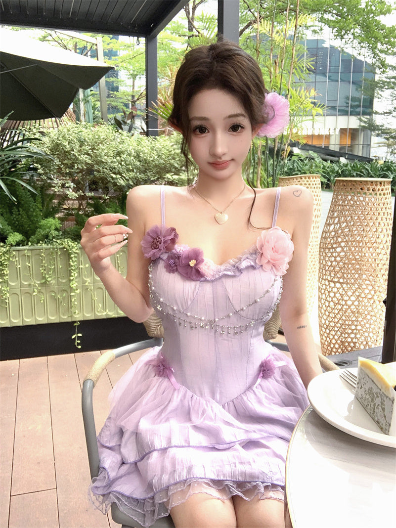 Purple suspender dress 2025 new style waist slim cake short skirt R0667