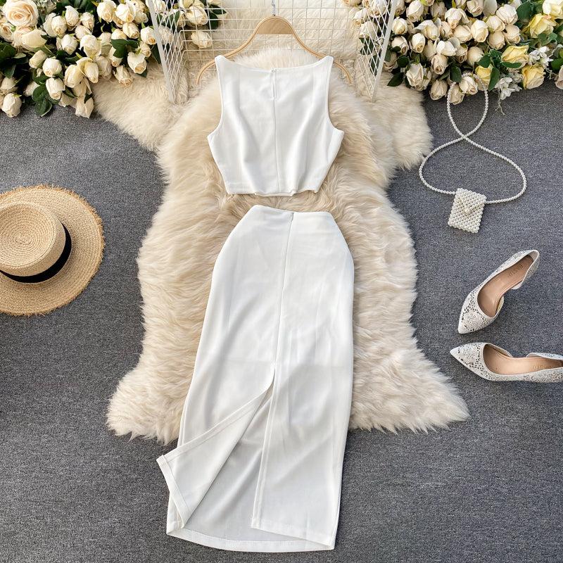 Cool Internet celebrity suit solid color vest short top high waist mid-length skirt two-piece suit R2140