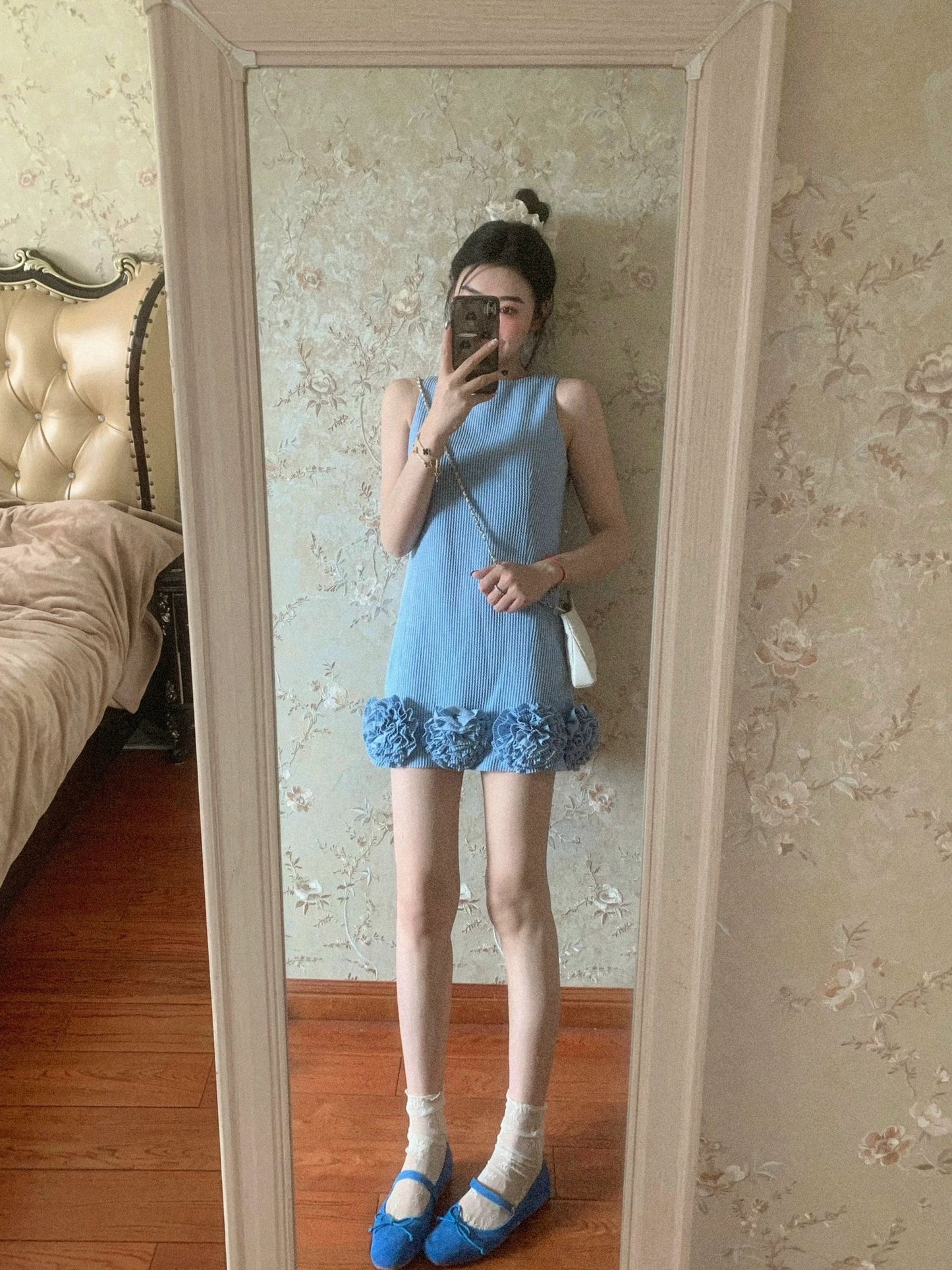 French style blue Chanel style vest dress beautiful loose A-line short skirt R0868