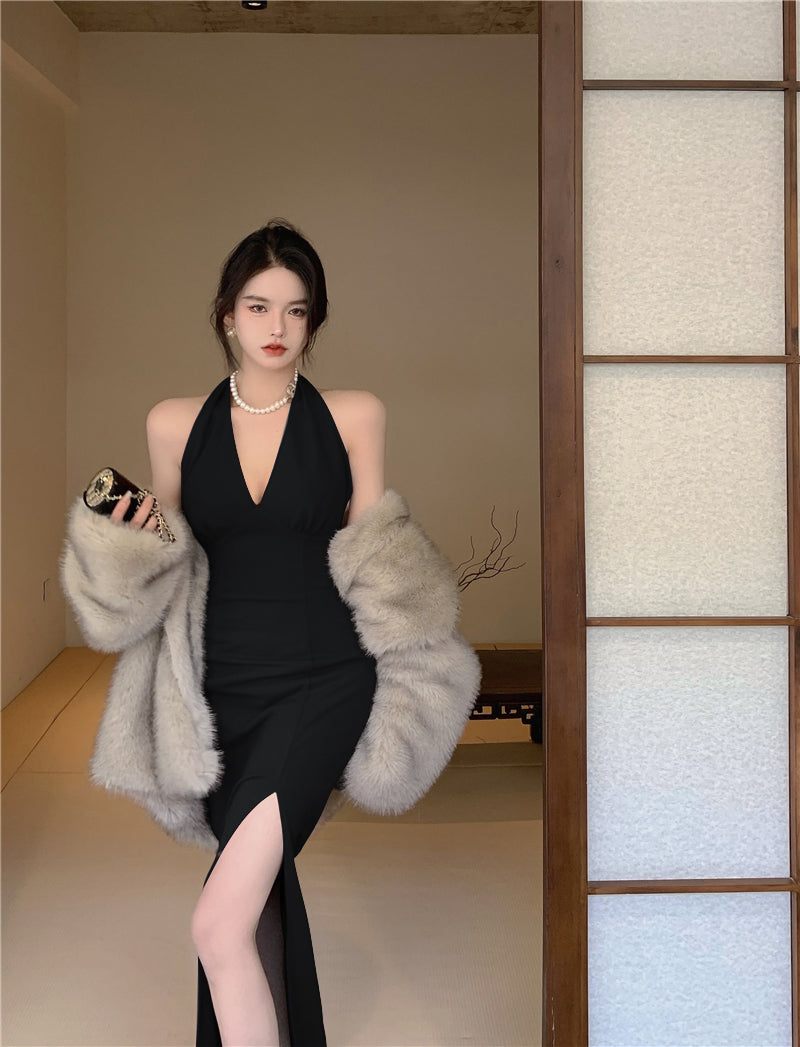 Retro black slit halter neck suspender dress sexy backless slit hip dress skirt R1474