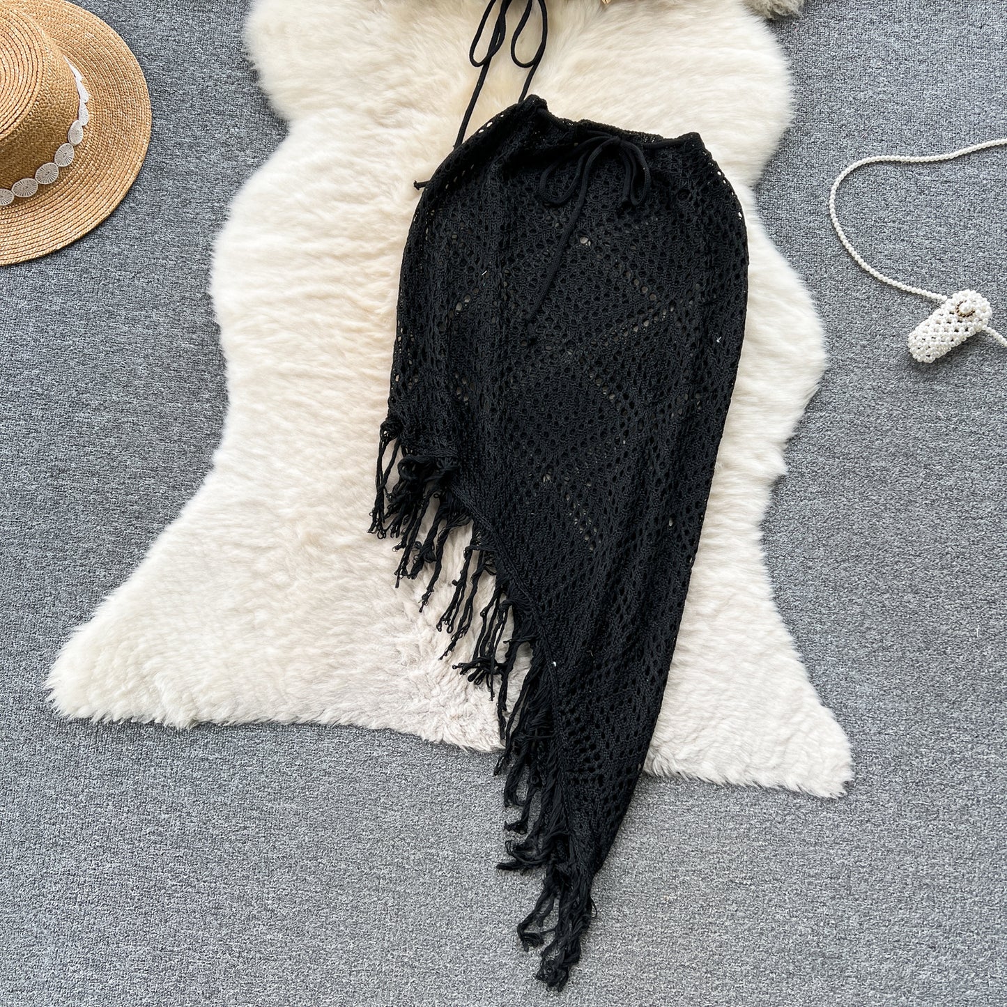 Holiday Style Suit Bikini Halter Vest Versatile Tassel Skirt Knitted Two-piece Suit R2315