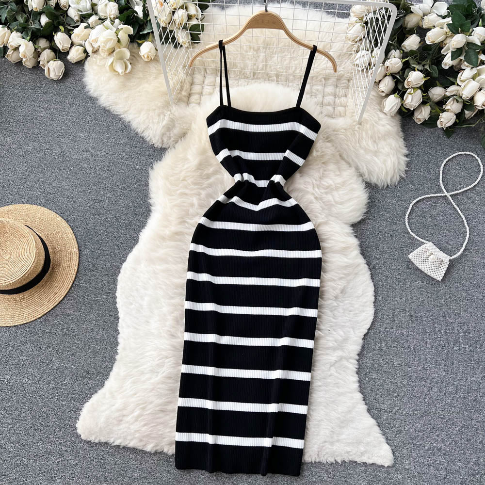 Pear-Shaped Body Two-Piece Suit Knitted Cardigan Jacket Striped Suspender Slim Fit Dress R2309