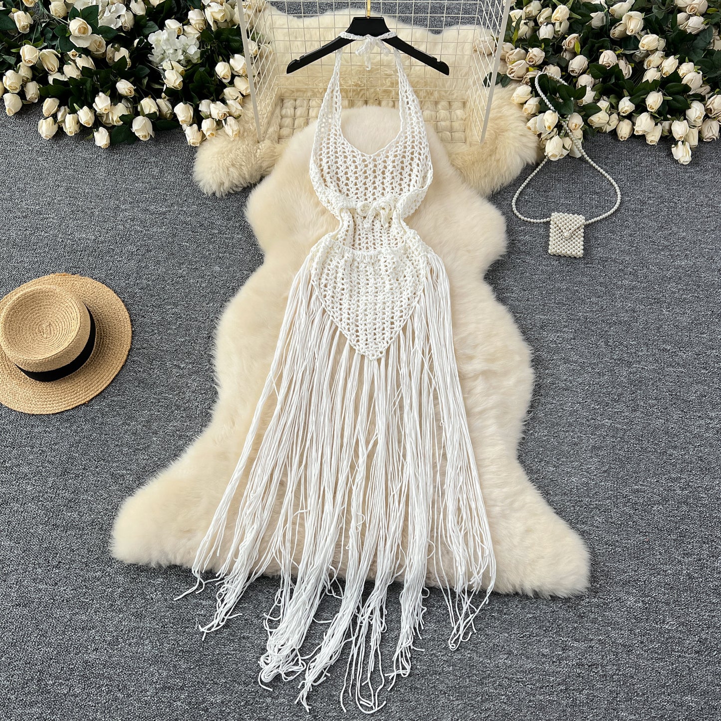 European and American sexy hollow lace knitted tassel blouse dress slim holiday top R2202