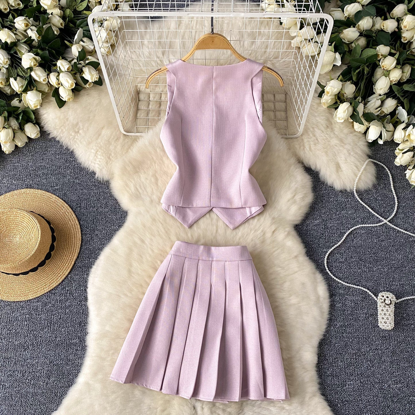 French Chanel style all-match split suit vest + high waist pleated skirt two-piece suit R2205