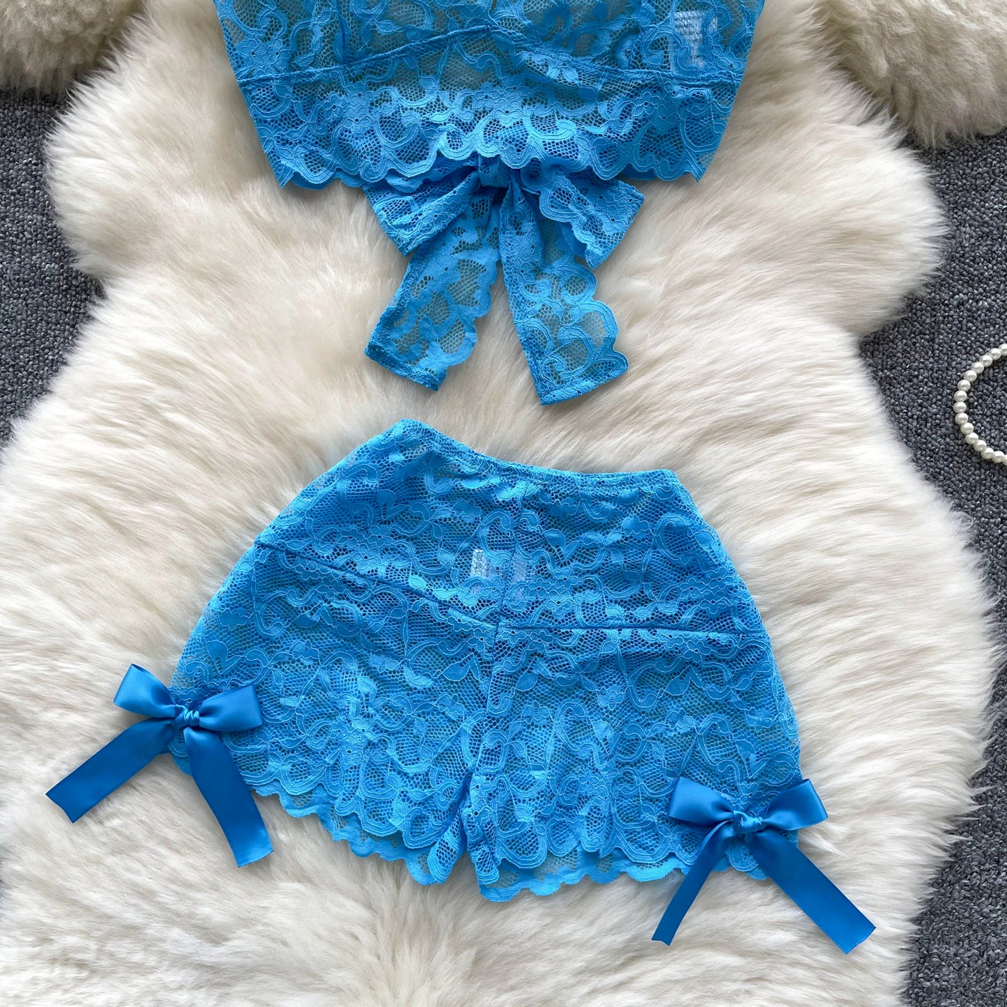 Hot Girl Lace Suit Summer Sexy Bowknot V-neck Halter Waist Short Top Shorts R2198