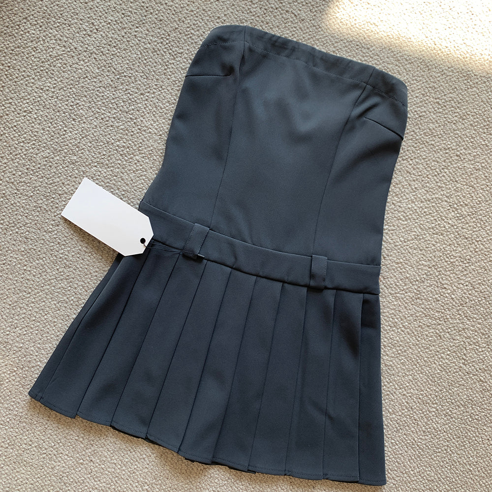 Hot girl college style tube top dress female summer sexy high waist slim fit pleated short skirt R3075