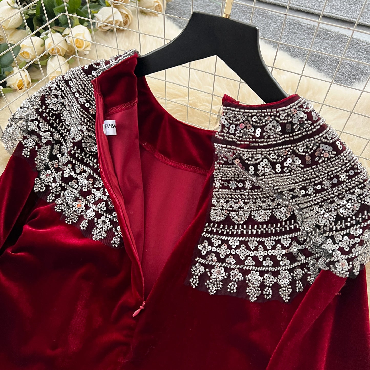 French style sequined beaded round neck long sleeve velvet dress loose slim slit long skirt R2235