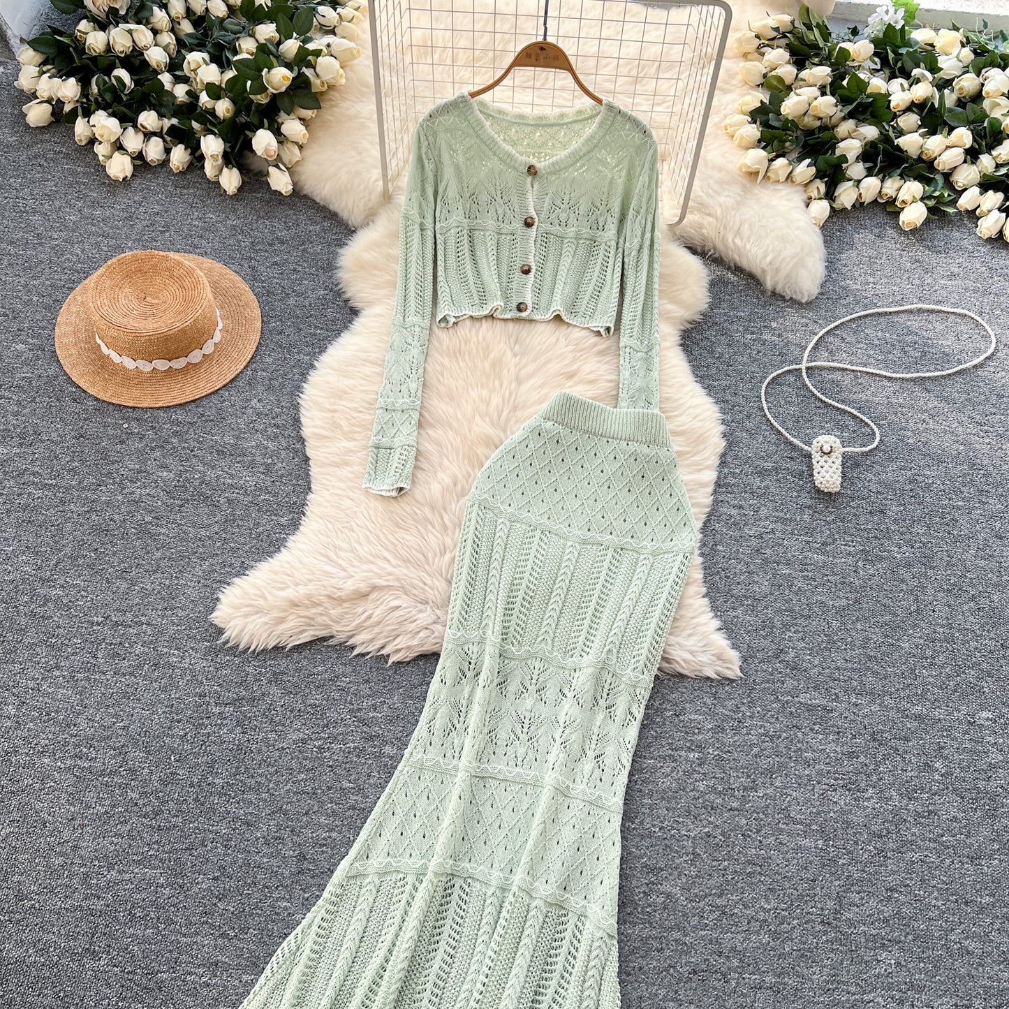 French style gentle hollow knitted cardigan jacket + slim hip fishtail skirt two-piece suit R2236