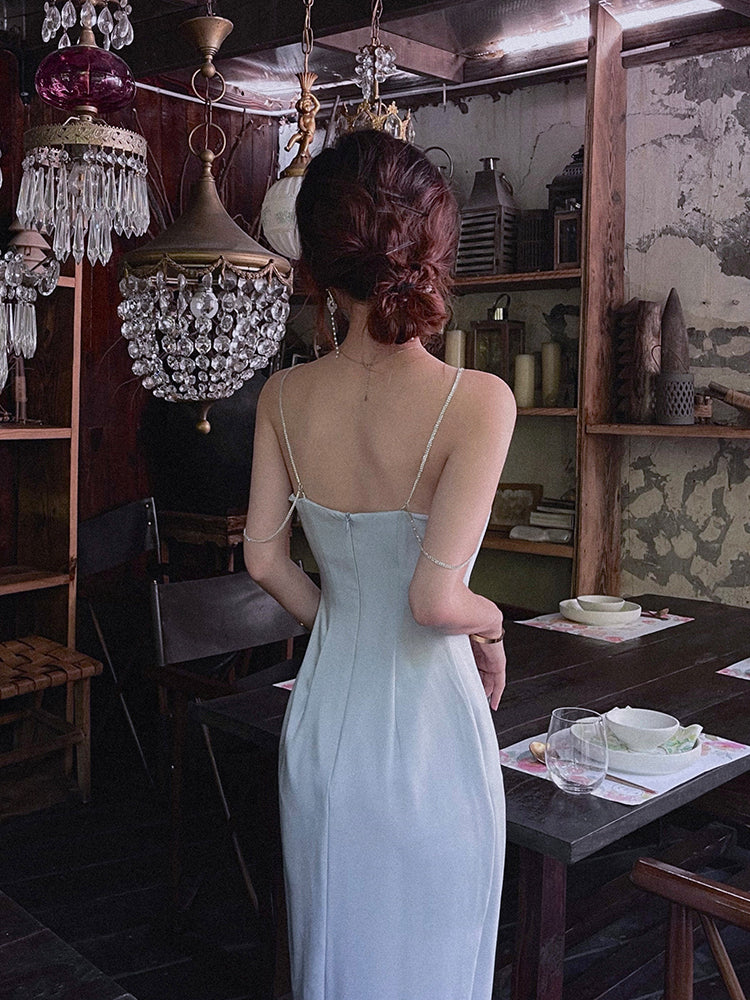 Satin chain suspender dress French waist high-end slit irregular skirt R1497