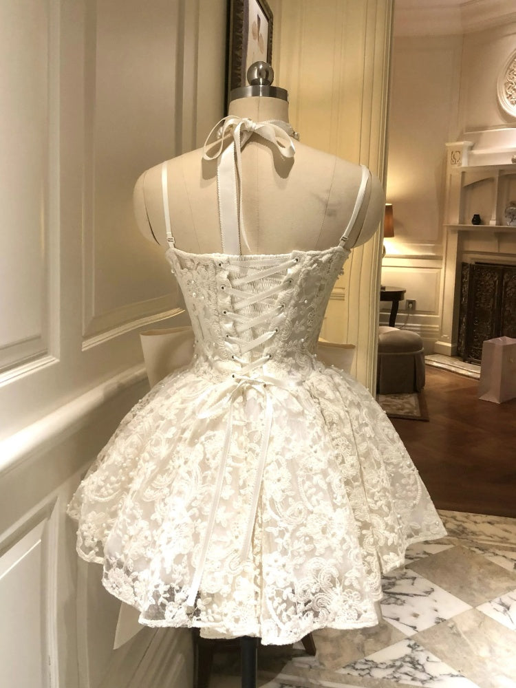 Lace bow strapless dress, summer dress, waist cinched princess puffy short skirt, homecoming dress R2994