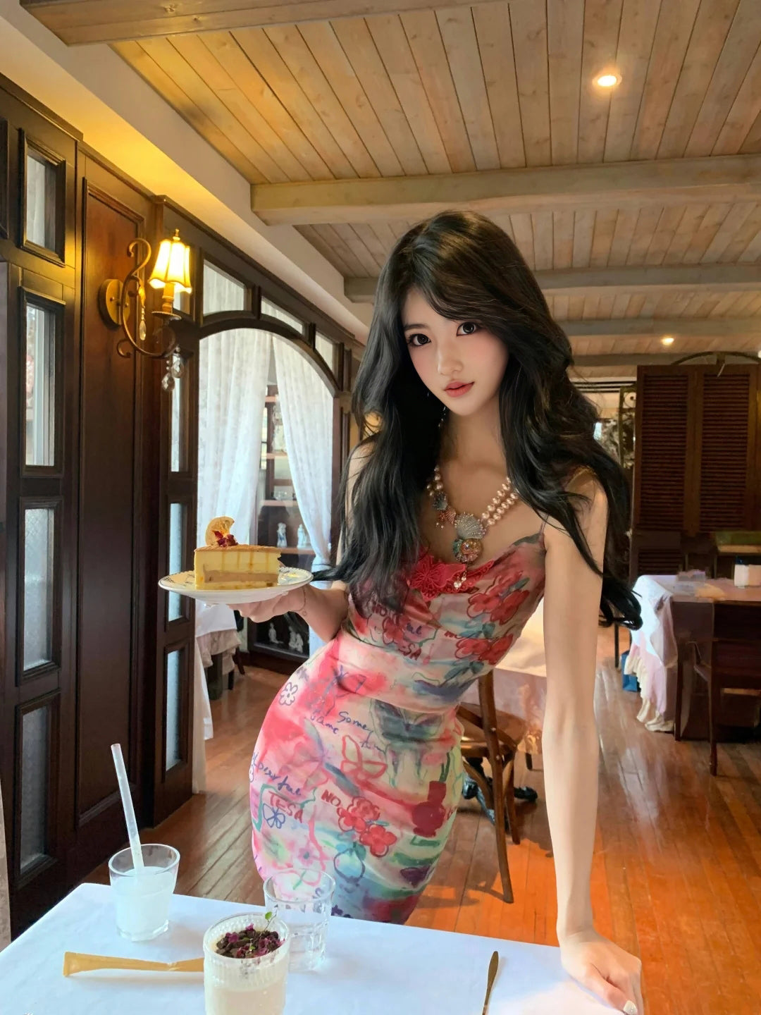 Sexy slim waist suspender dress beautiful printed hip skirt R0577