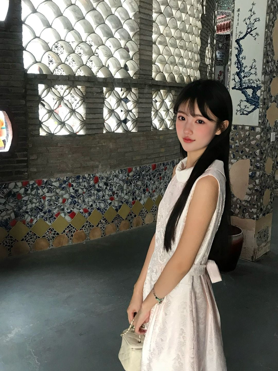 Pink jacquard vest dress gentle temperament waist A-line short skirt R0826