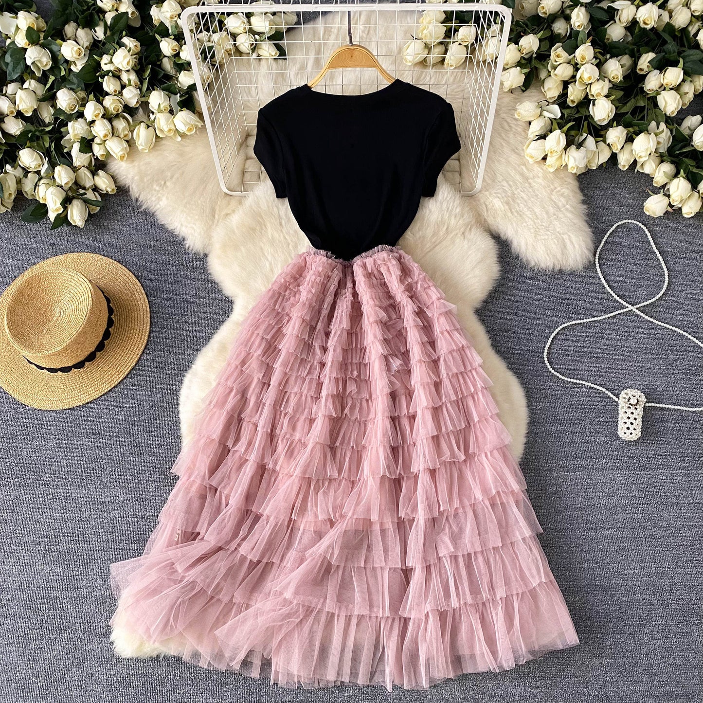 European and American style high-end dress mesh design waist slimming super fairy long skirt R2228