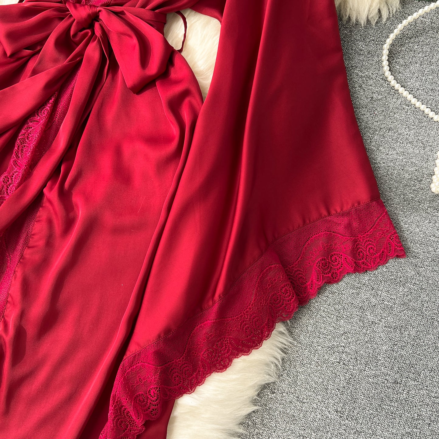 High-end temperament mid-length pajamas robe loose strap waist lace splicing shawl coat R2222