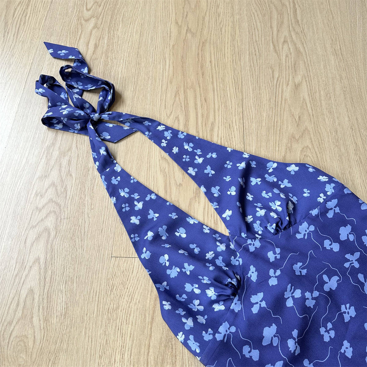 Purple V-neck floral halter dress for women summer seaside holiday style backless long dress R0111