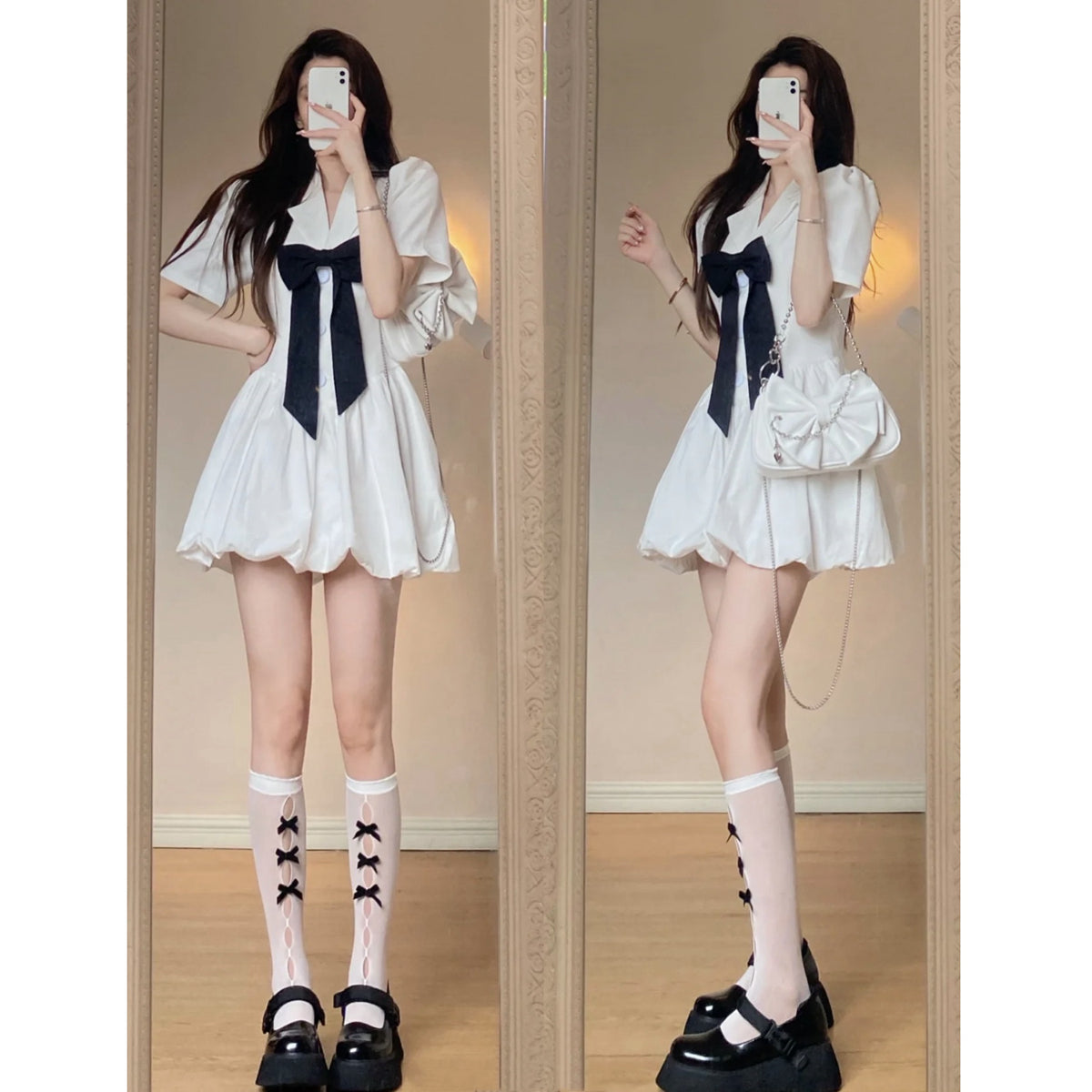 2025 new style age-reducing waist-cut lapel bow dress suit skirt sweet A-line puffy short skirt R0094