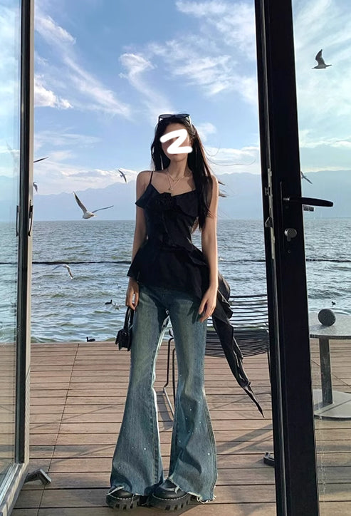 Black V-neck ruffled camisole vest for women 2025 new summer hot girl slim irregular hem top R0107