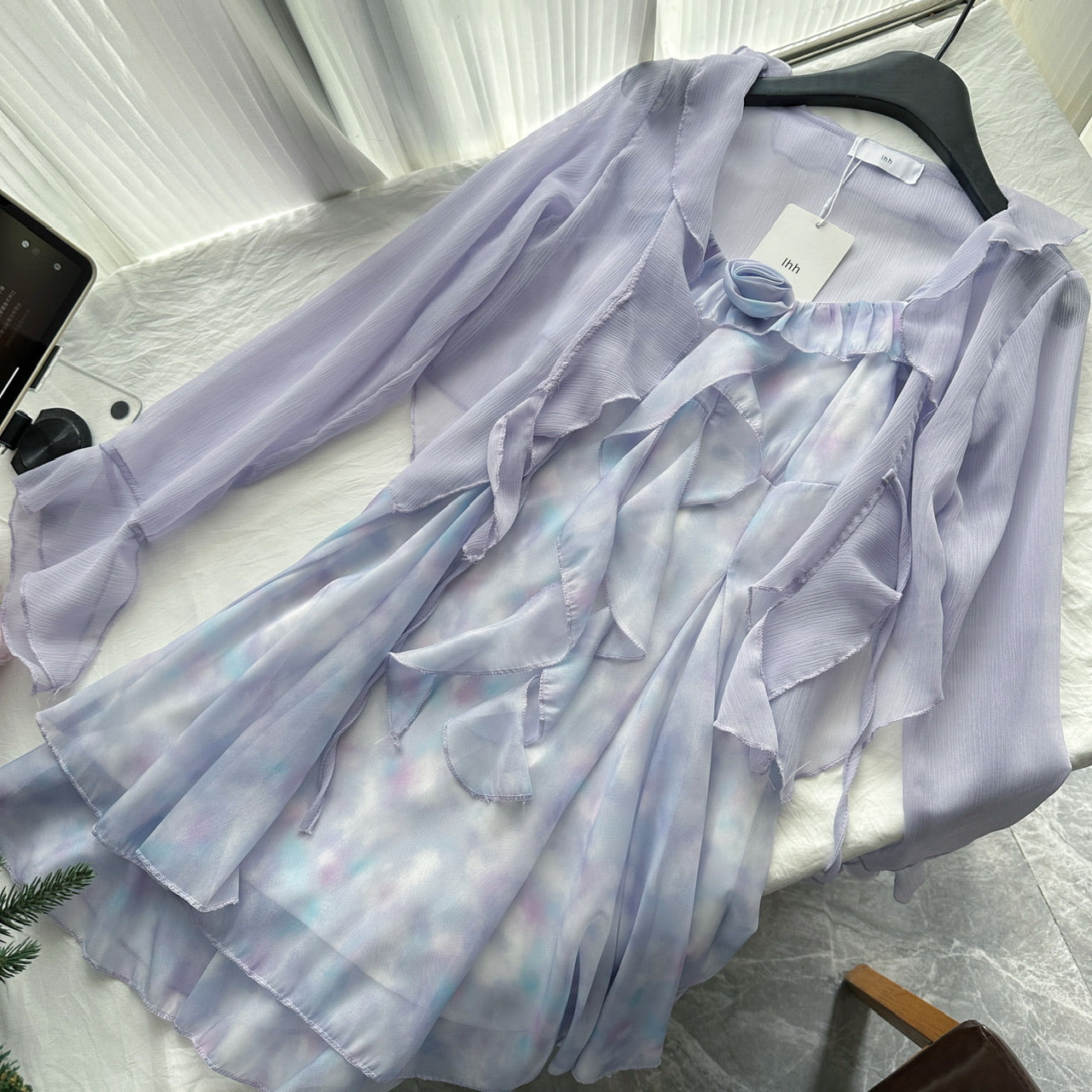 Purple floral suspender skirt cardigan suit 2025 new atmosphere two-piece suit R2018