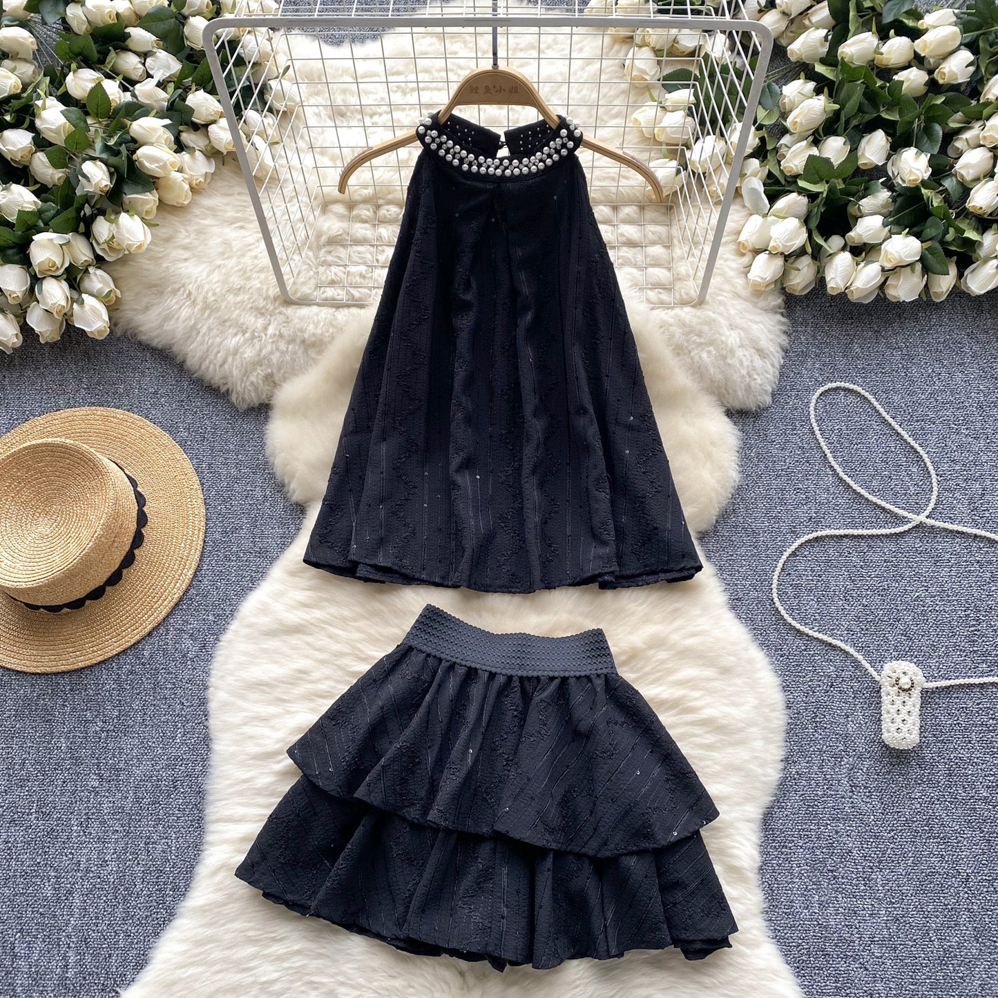 High-end round neck halter top high waist slimming A-line skirt sweet two-piece suit R2161