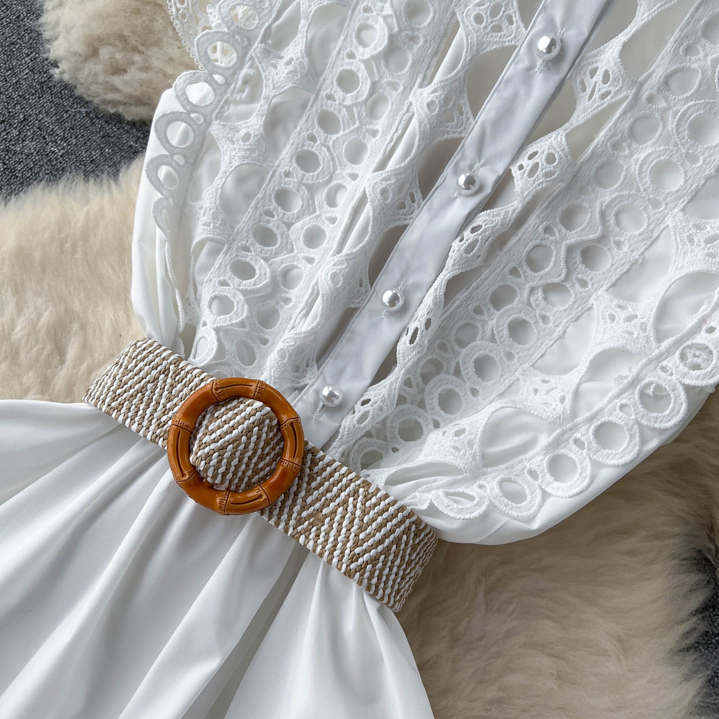 French high-end stand-up collar hollow embroidered lace sleeveless waist slimming elegant dress R2159