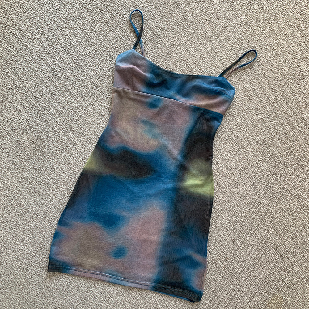 High elastic mesh printed suspender dress summer vacation short skirt hip sexy R3029