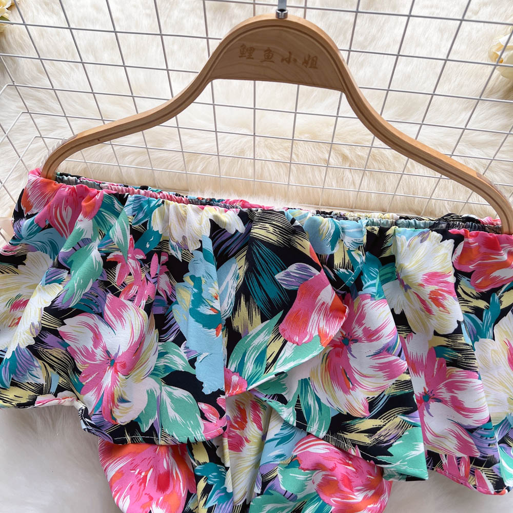 Floral jumpsuit summer ruffled one-shoulder slimming off-shoulder waist wide-leg shorts R2308