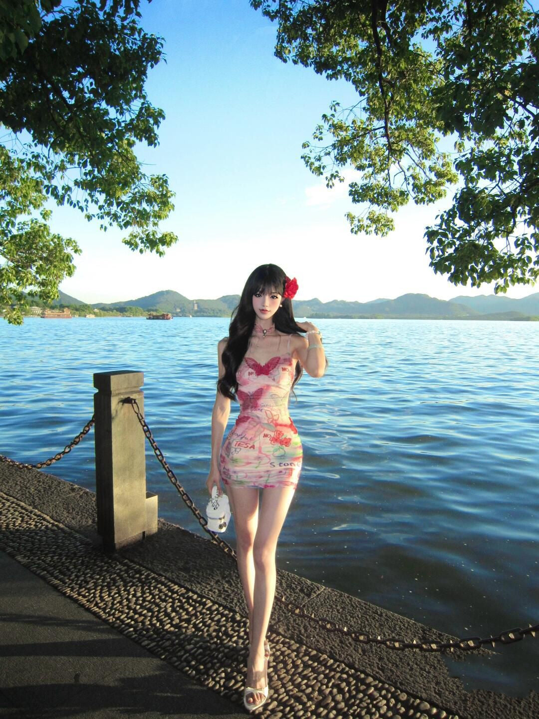 Sexy Slim Hip-hugging Suspender Dress Oil Painting Graffiti Butterfly Dress R0575