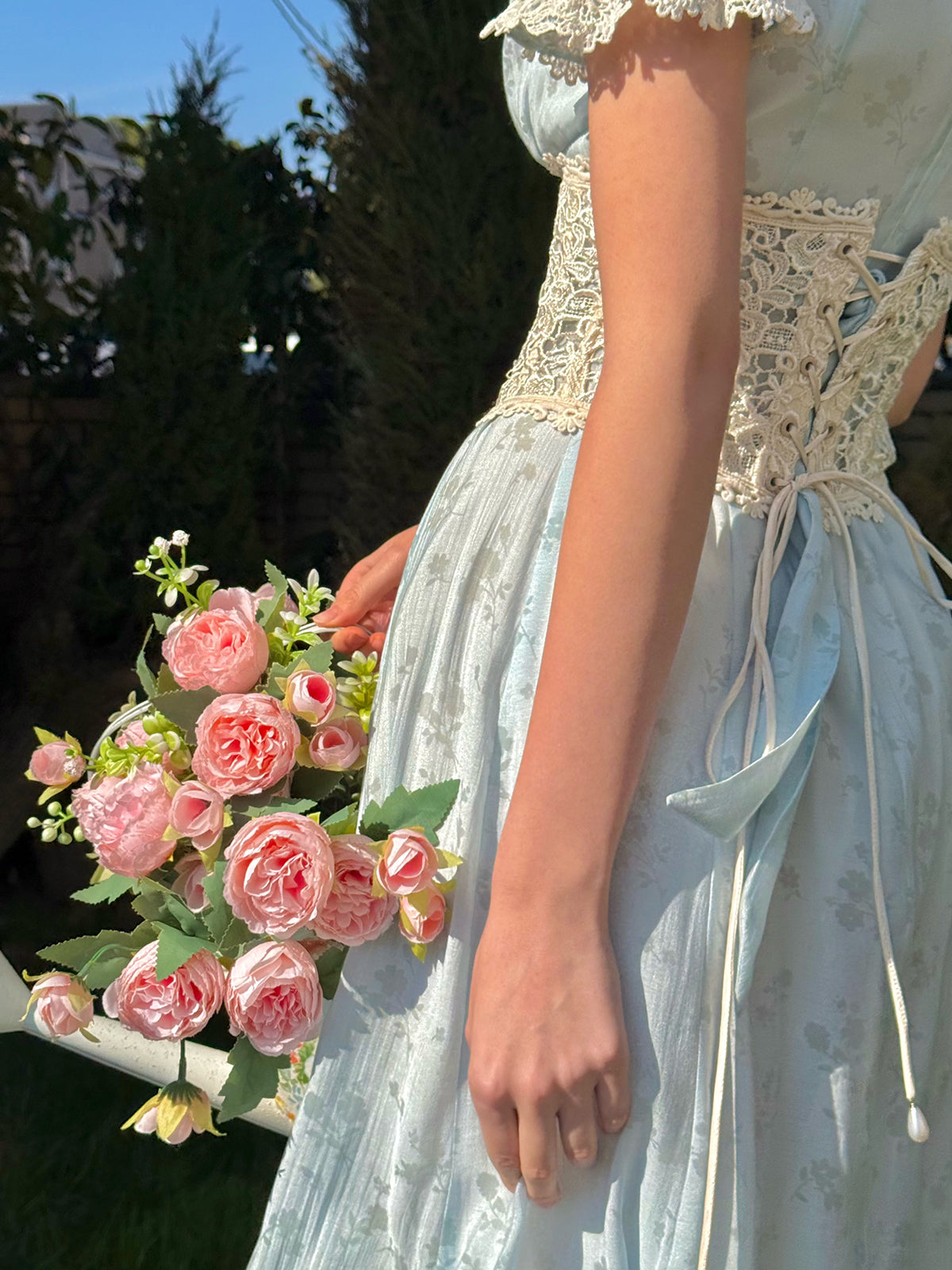 French pastoral fresh baby blue long short-sleeved lace dress R5113