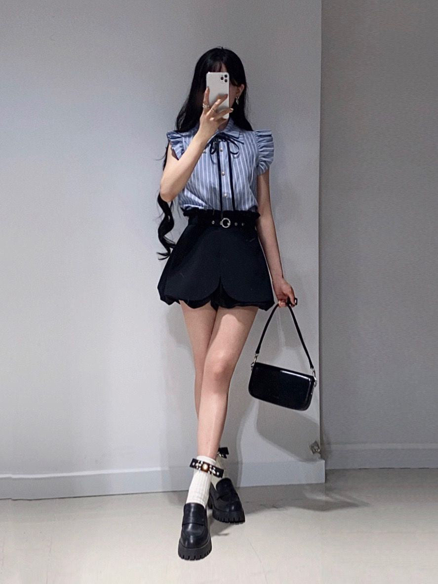 Suit gentle temperament beautiful blue shirt flower bud shorts two-piece suit R0824