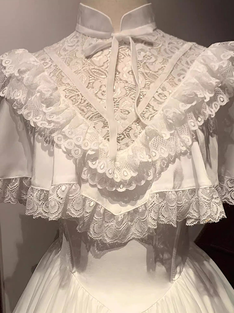 Tea break French gentle style white puff sleeve dress child escape princess R1670