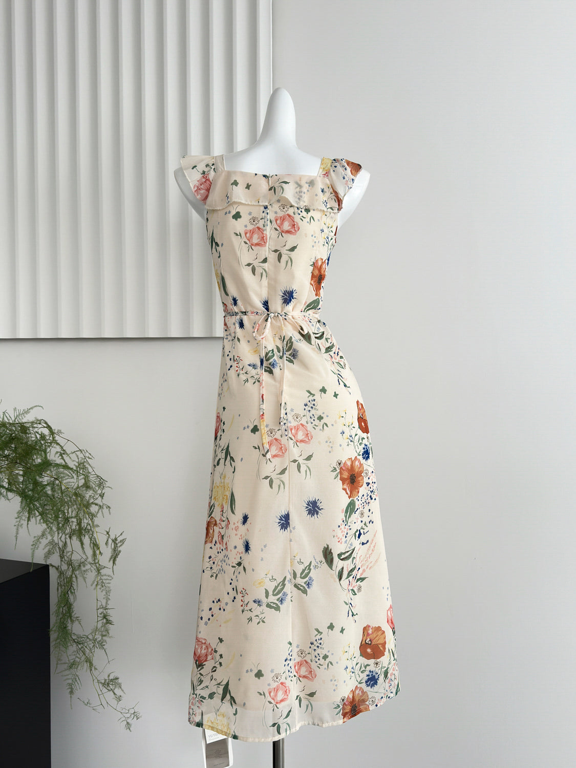 Chiffon Ruffle Print Flying Sleeves Dress Midi Sleeveless Fishtail Skirt R2113