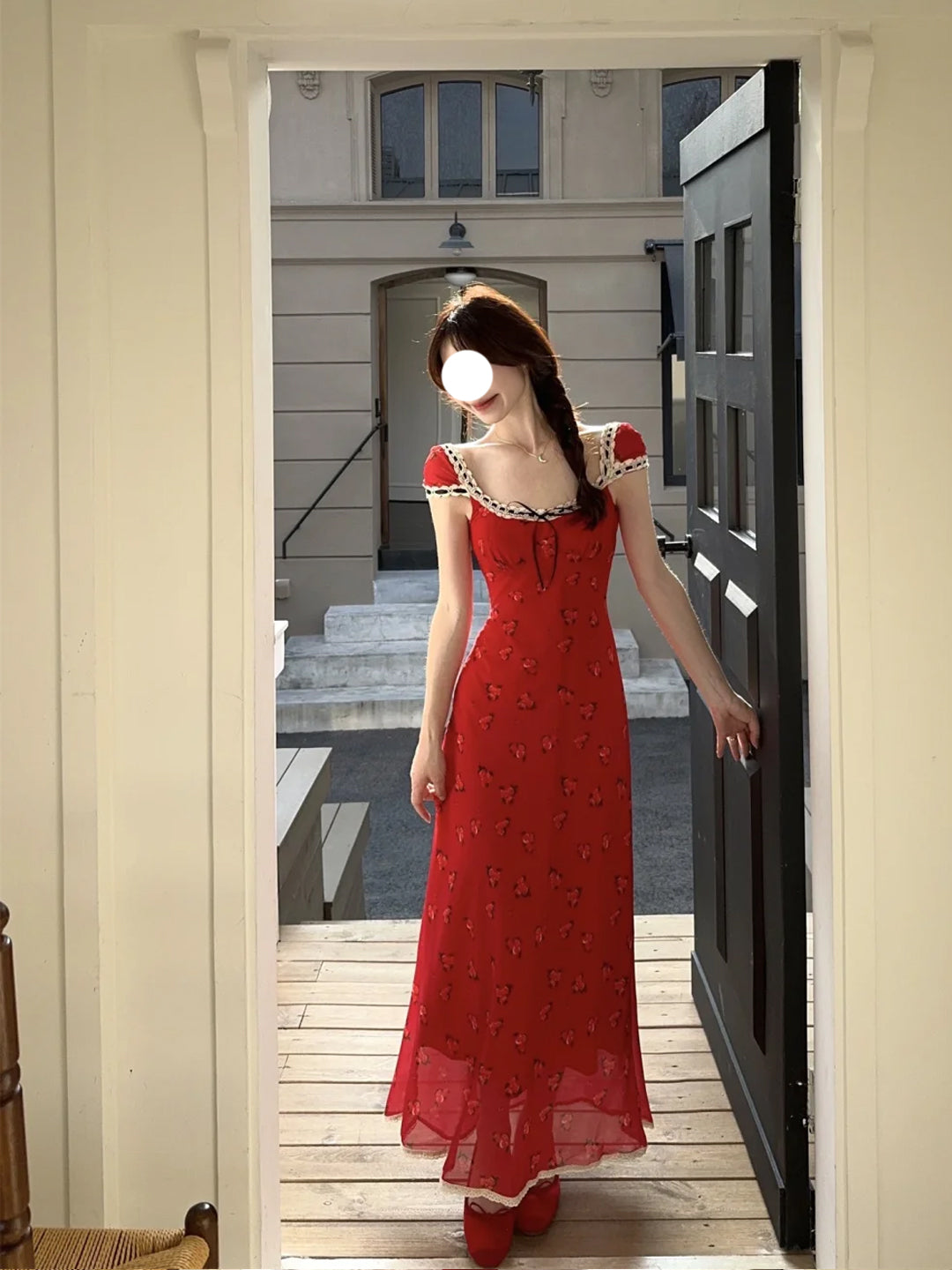 Tea break French floral dress 2025 new slim retro red holiday style long skirt R0045