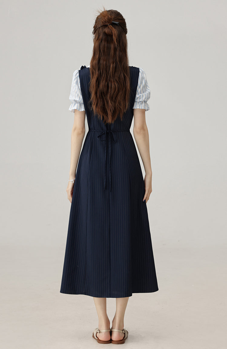 2025 Summer College Style Fake Two Piece Blue Dress Interview Dress R1956