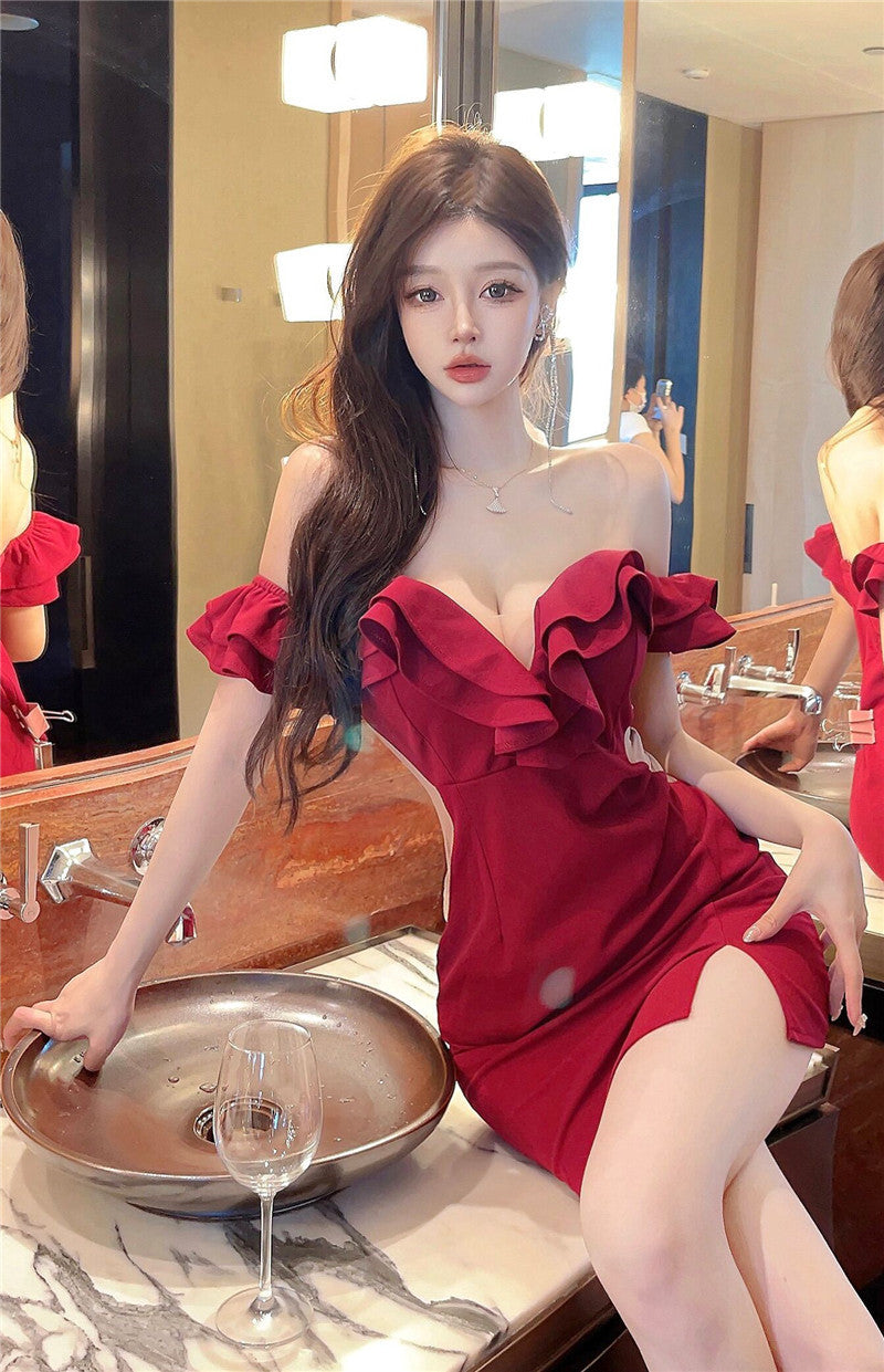 Sexy ruffled one-shoulder dress for women, high-end temperament, v-neck, slim-fitting, hip-wrapped short skirt R3676