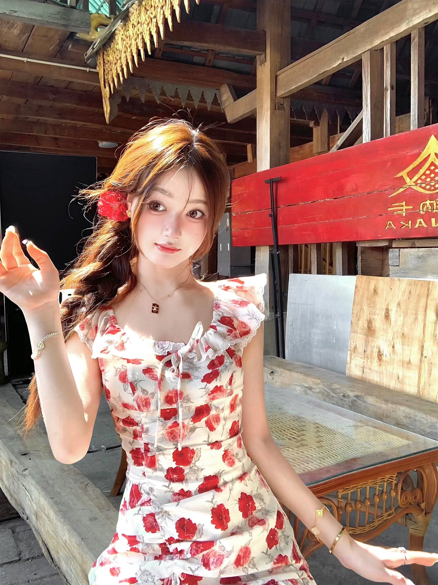 Holiday white retro red floral dress waist summer beautiful small flying sleeves dress R3824