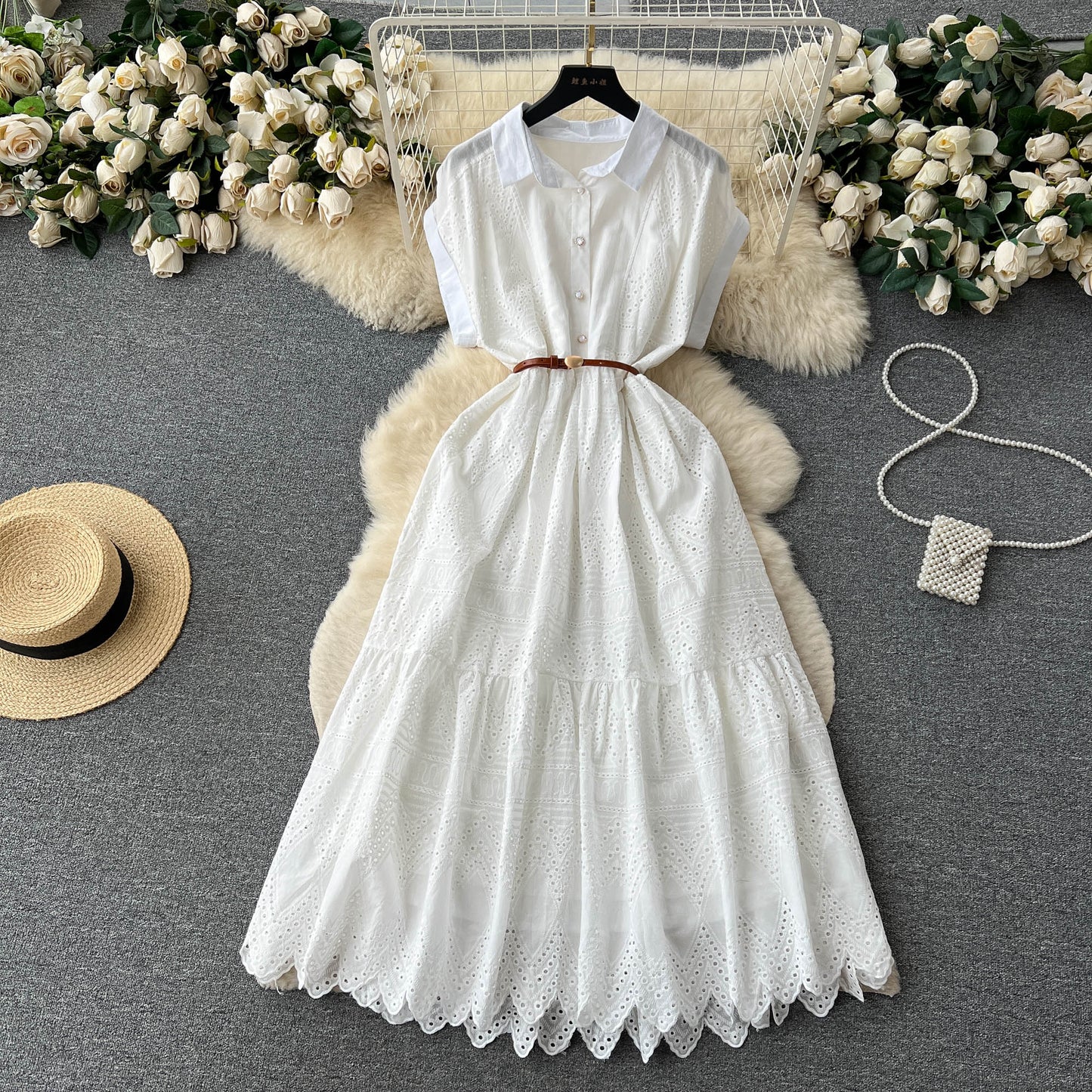Niche design buttoned loose lace long dress waist pleated shirt collar spliced long skirt R2168