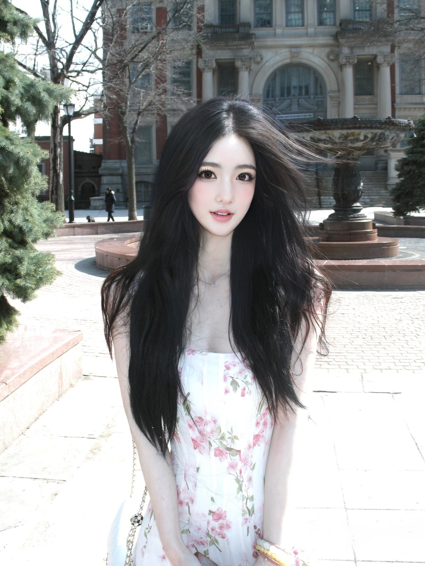 New gentle temperament suspender floral dress beautiful waist A-line long skirt R0696