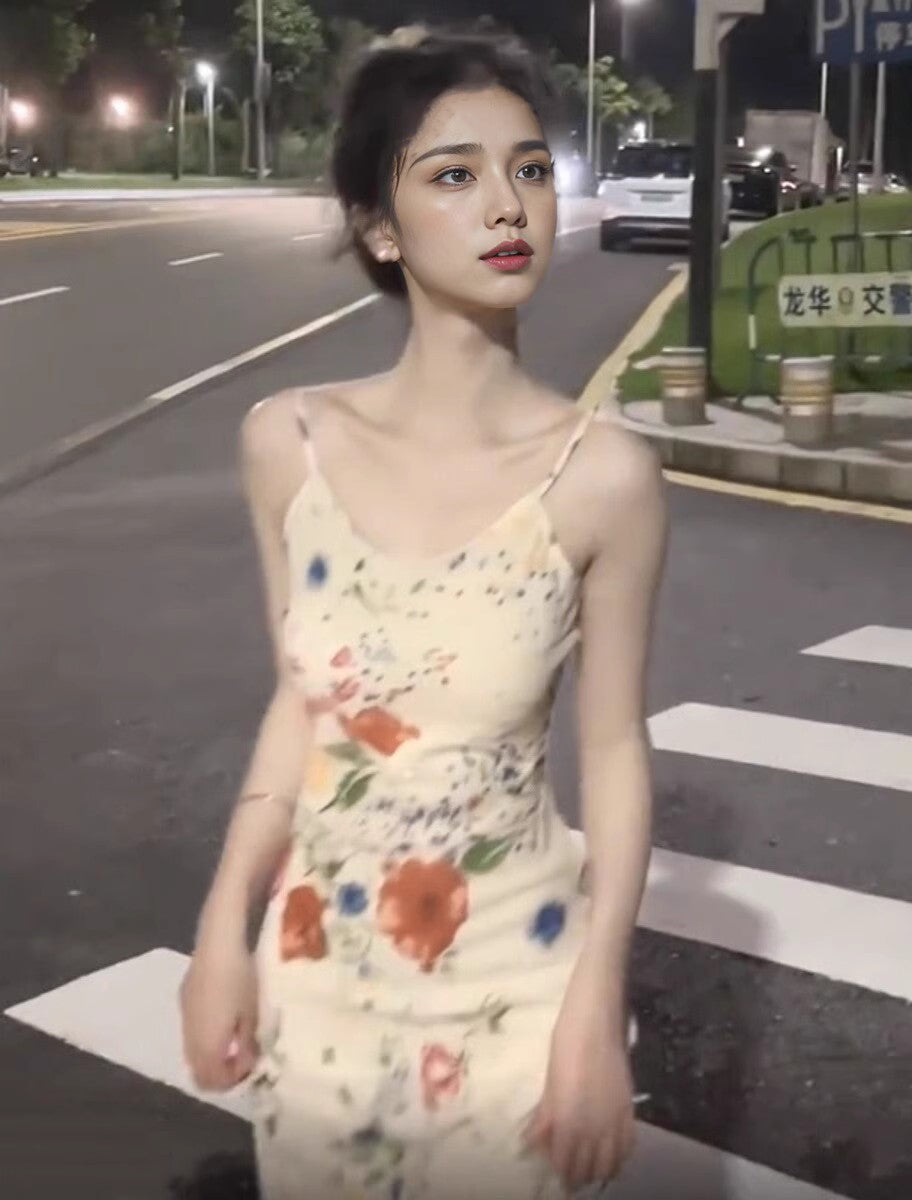 Floral suspender dress Slim fit temperament waist hip long skirt R0607